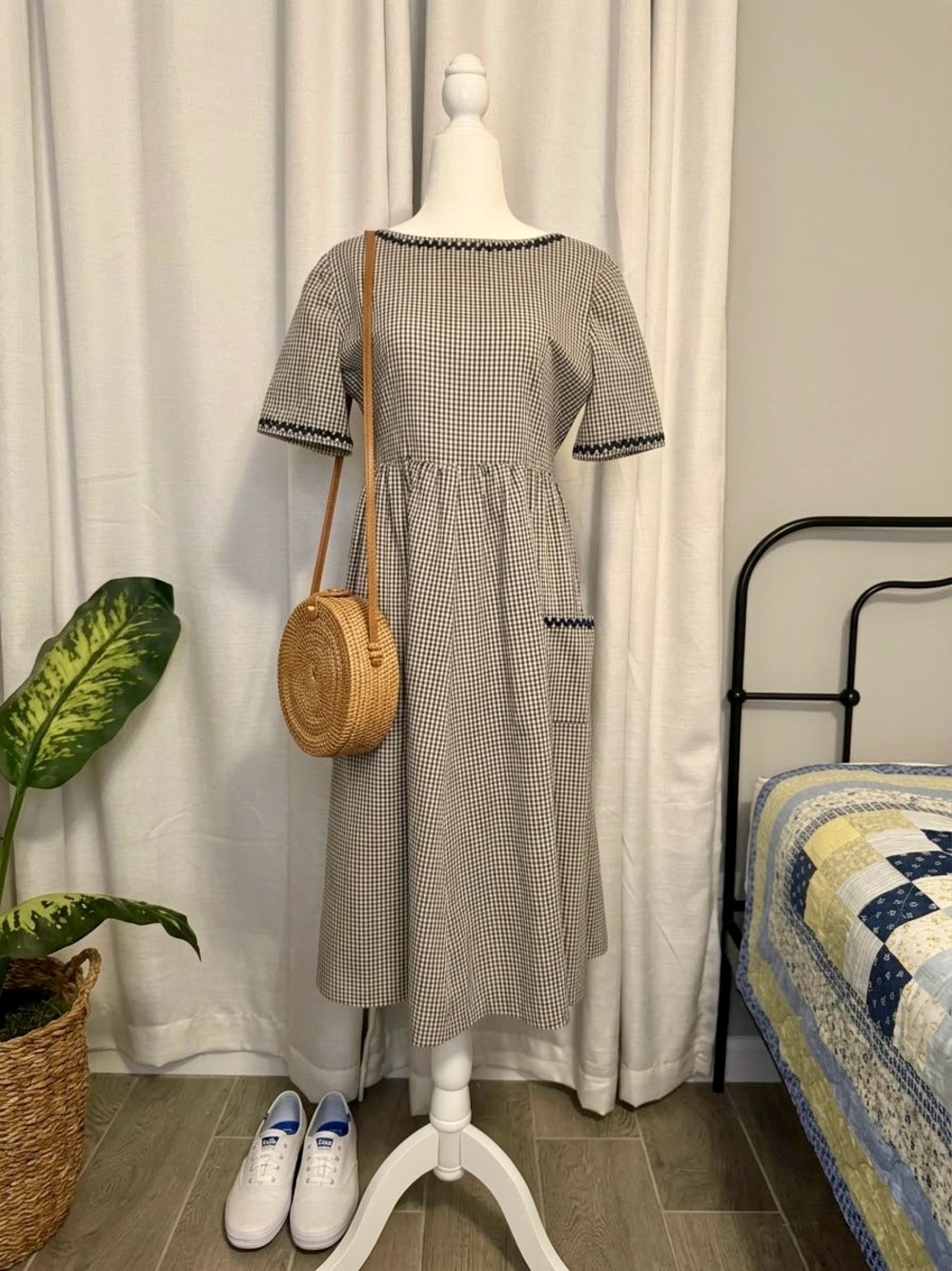 VTG 1960s Handmade Gingham Midi Dress | Navy Blue & Cream House Dress